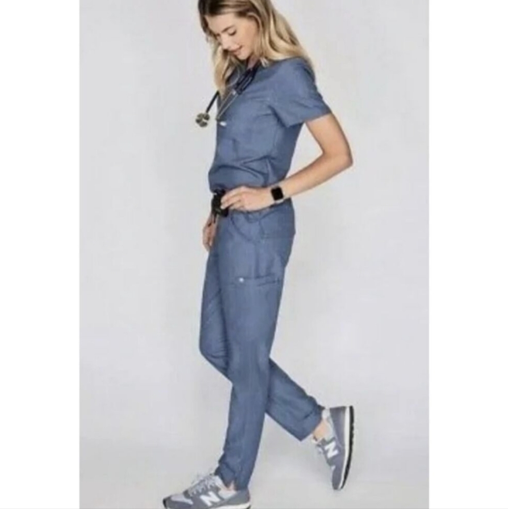 FIGS Scrub Set Heather Denim Catarina Top Yola Skinny Pants M Petite Stretch - Picture 3 of 15